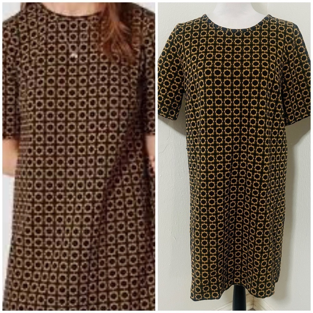 LOFT Women’s Size Large Dress Shift A-Line Mini EUC Short Sleeve Tan & Navy